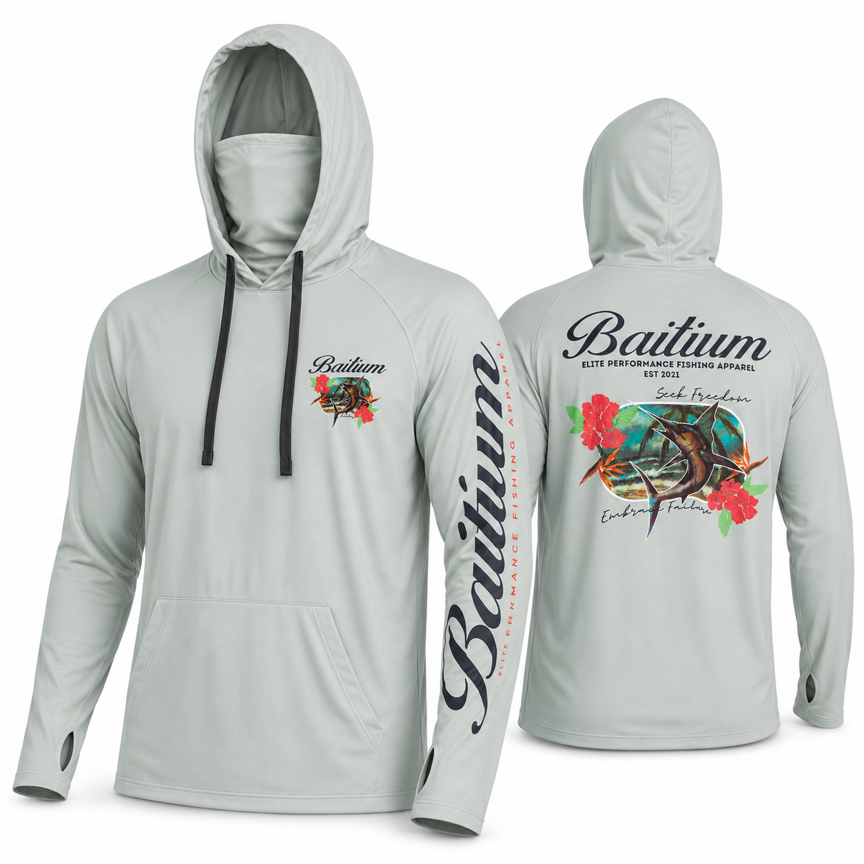 Baitium UPF 50+ Hooded Long Sleeve Fishing Shirt - Octopus, Marlin, Mahi Mahi