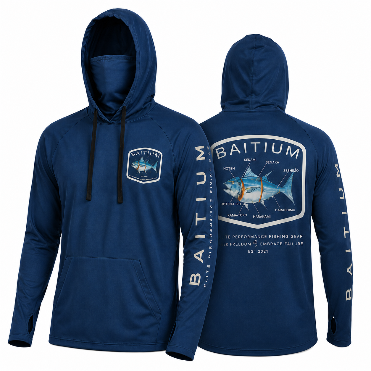 Baitium UPF 50+ Hooded Long Sleeve Fishing Shirt - Bluefin Tuna, Yellowfin Tuna
