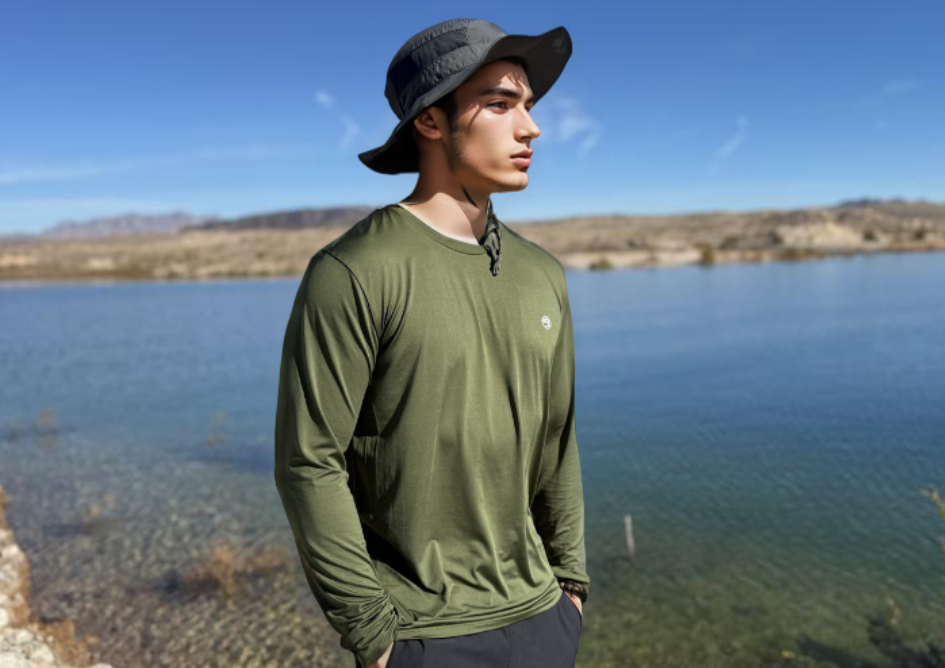 man wearing Baitium UPF basic series shirt - cold water fishing