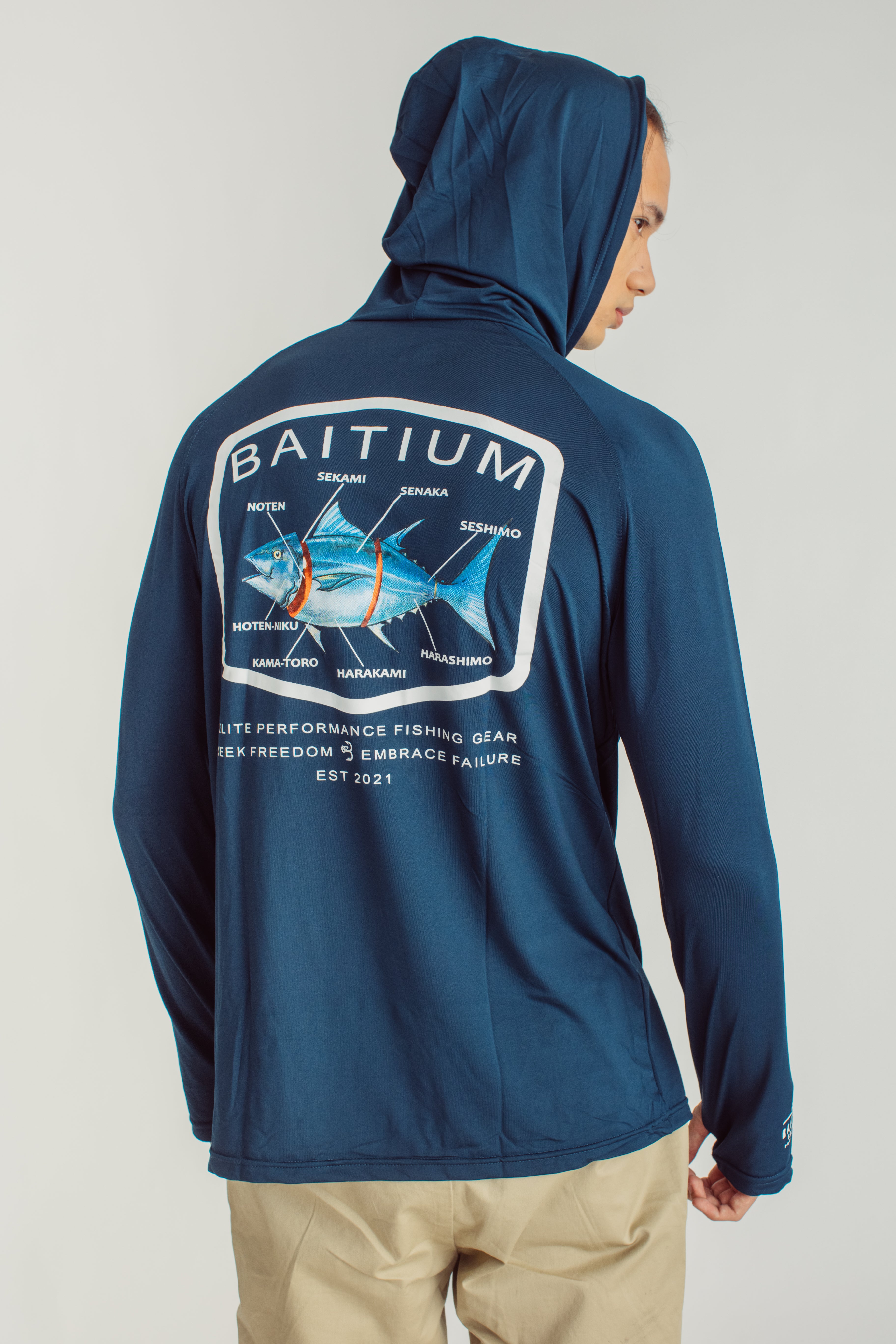 Baitium Original Hooded UPF 50+ PFG Long Sleeves Fishing Shirts. Bluefin Tuna / Large