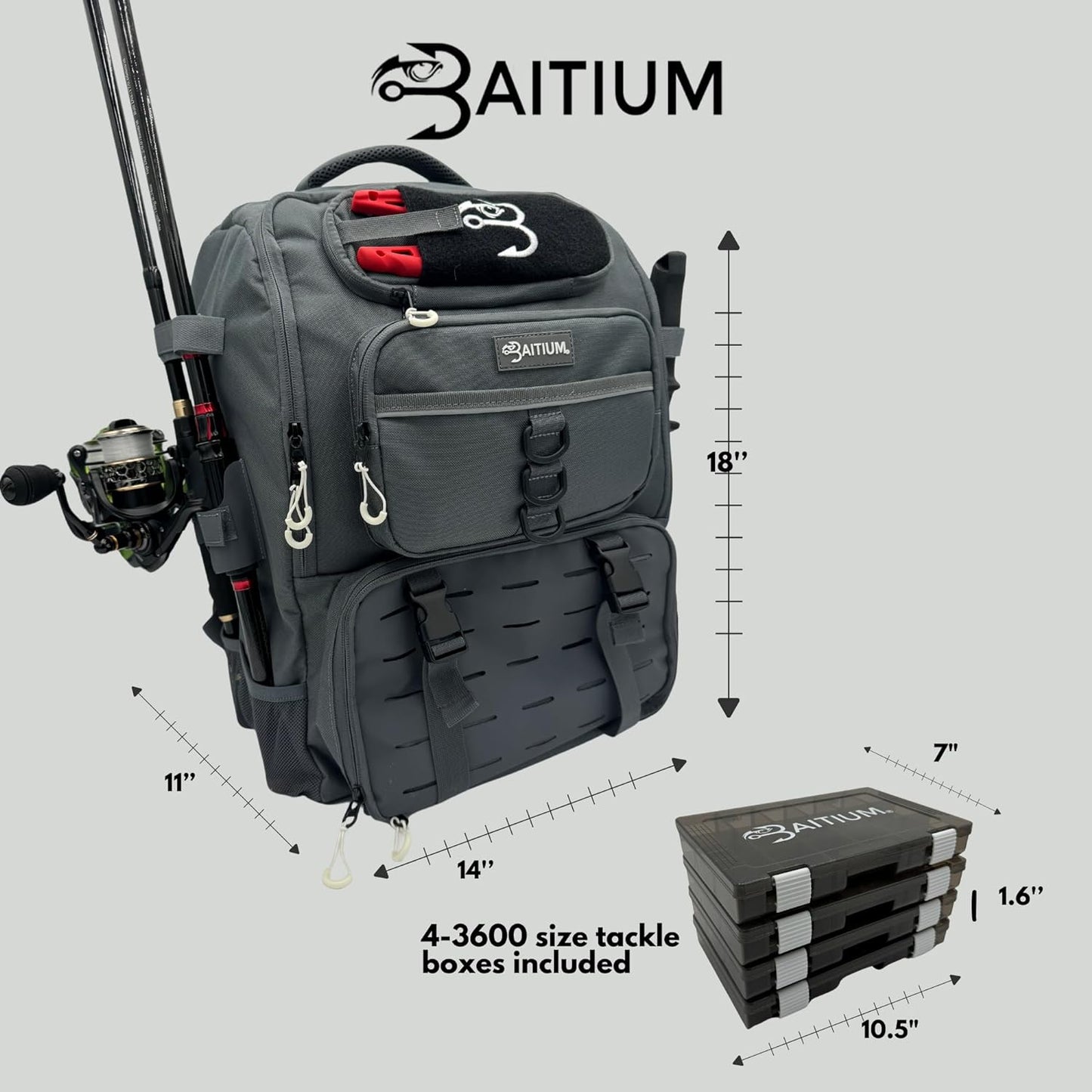 Baitium 40L Fishing Tackle Backpack with rod holders and tackle boxes