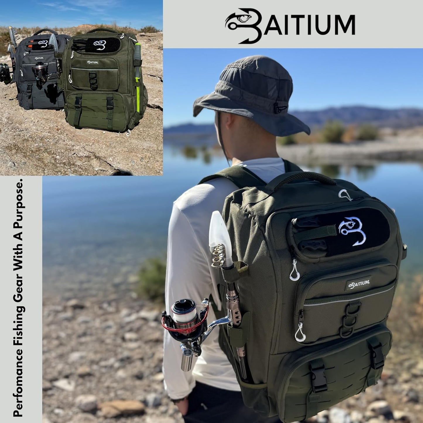 Baitium 40L Fishing Tackle Backpack with rod holders and tackle boxes