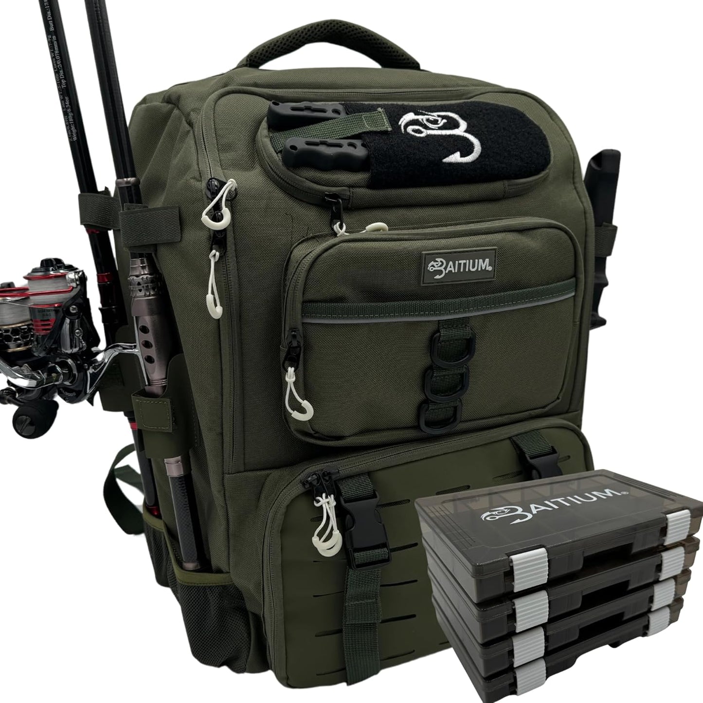 Baitium 40L Fishing Tackle Backpack with rod holders and tackle boxes