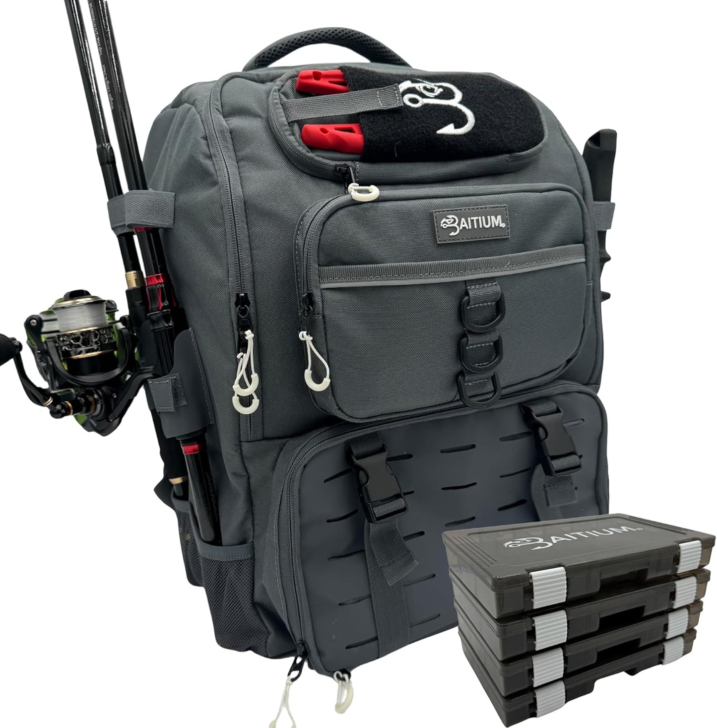 Baitium 40L Fishing Tackle Backpack with rod holders and tackle boxes