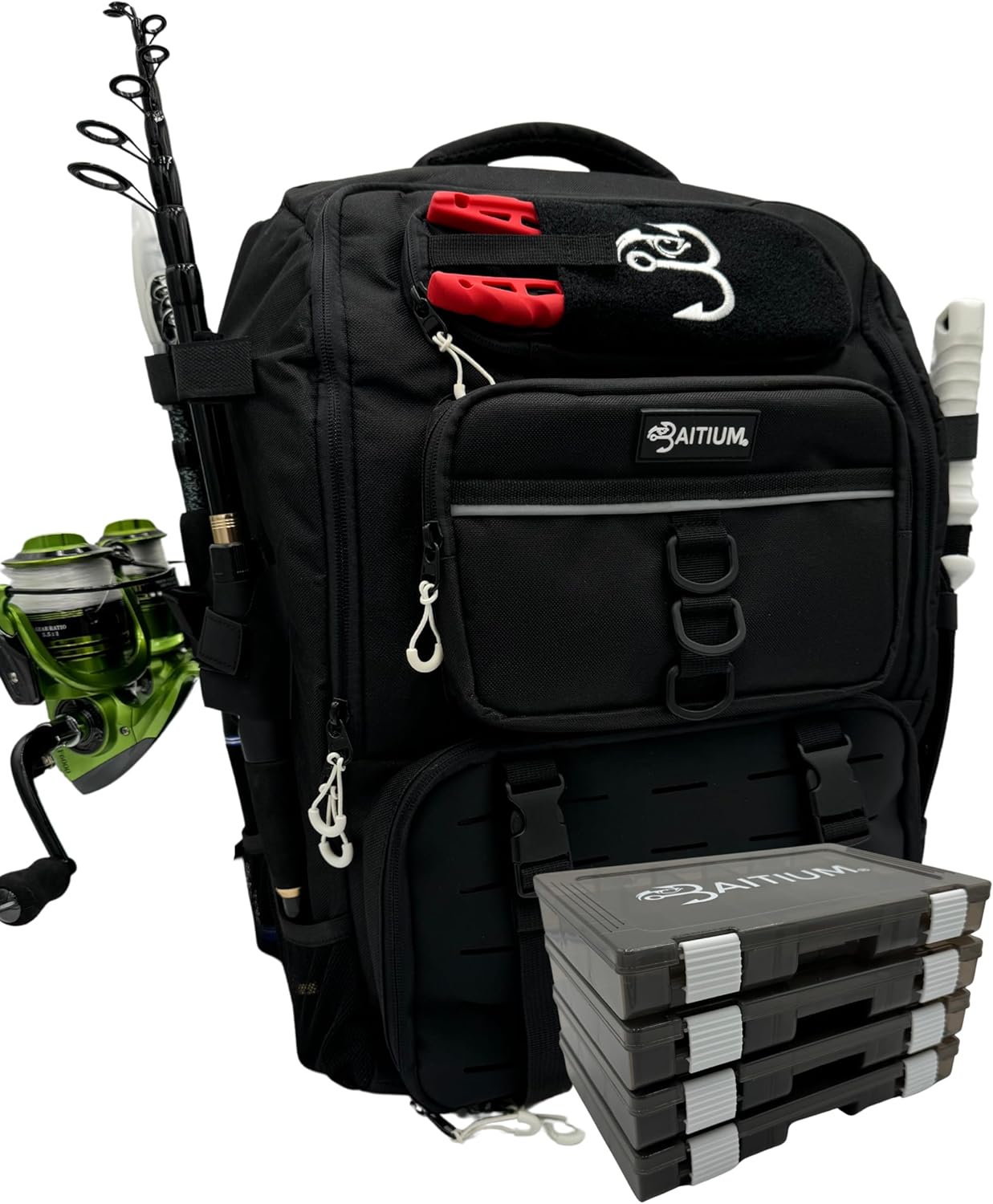 Baitium 40L Fishing Tackle Backpack with rod holders and tackle boxes