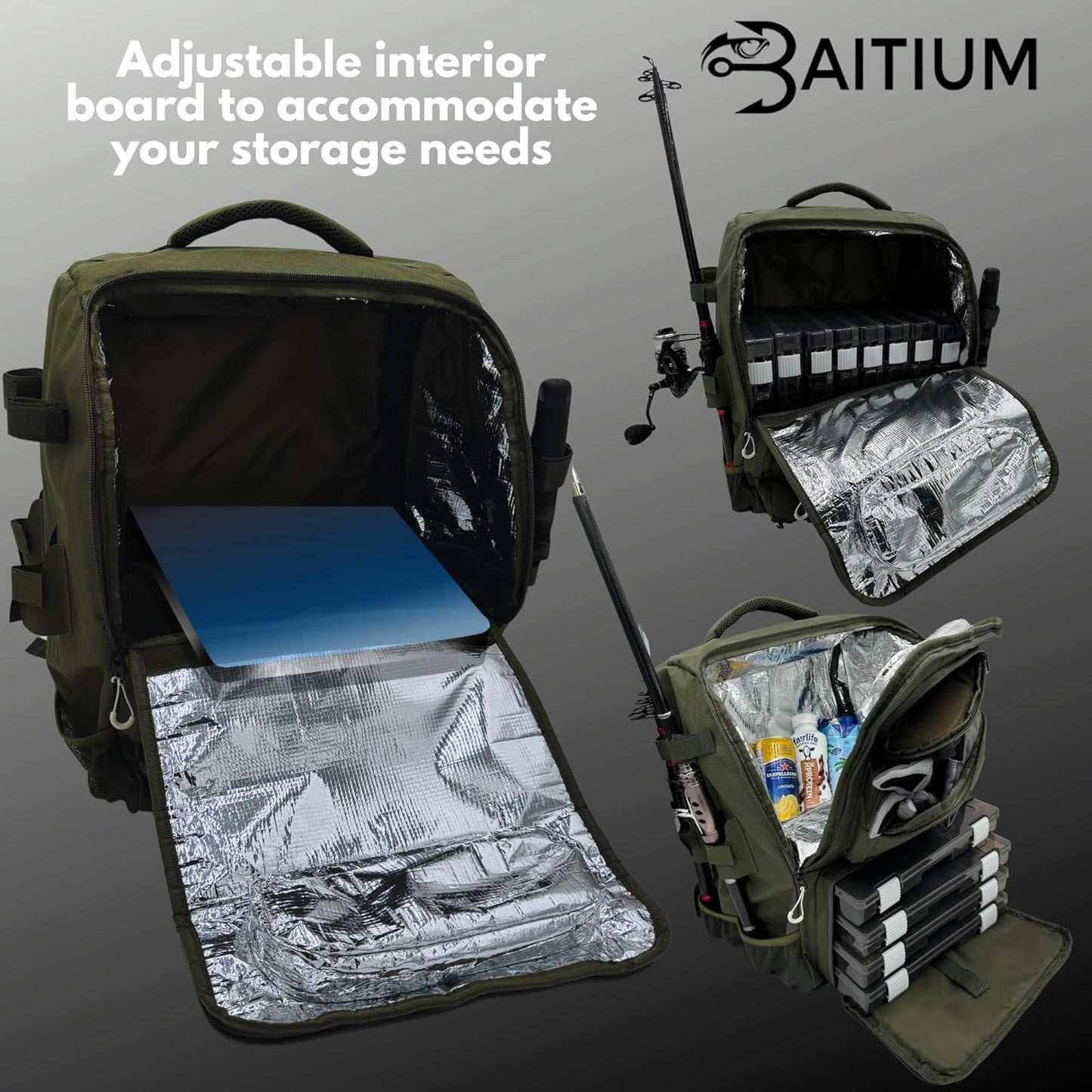 Baitium 40L Fishing Tackle Backpack with rod holders and tackle boxes