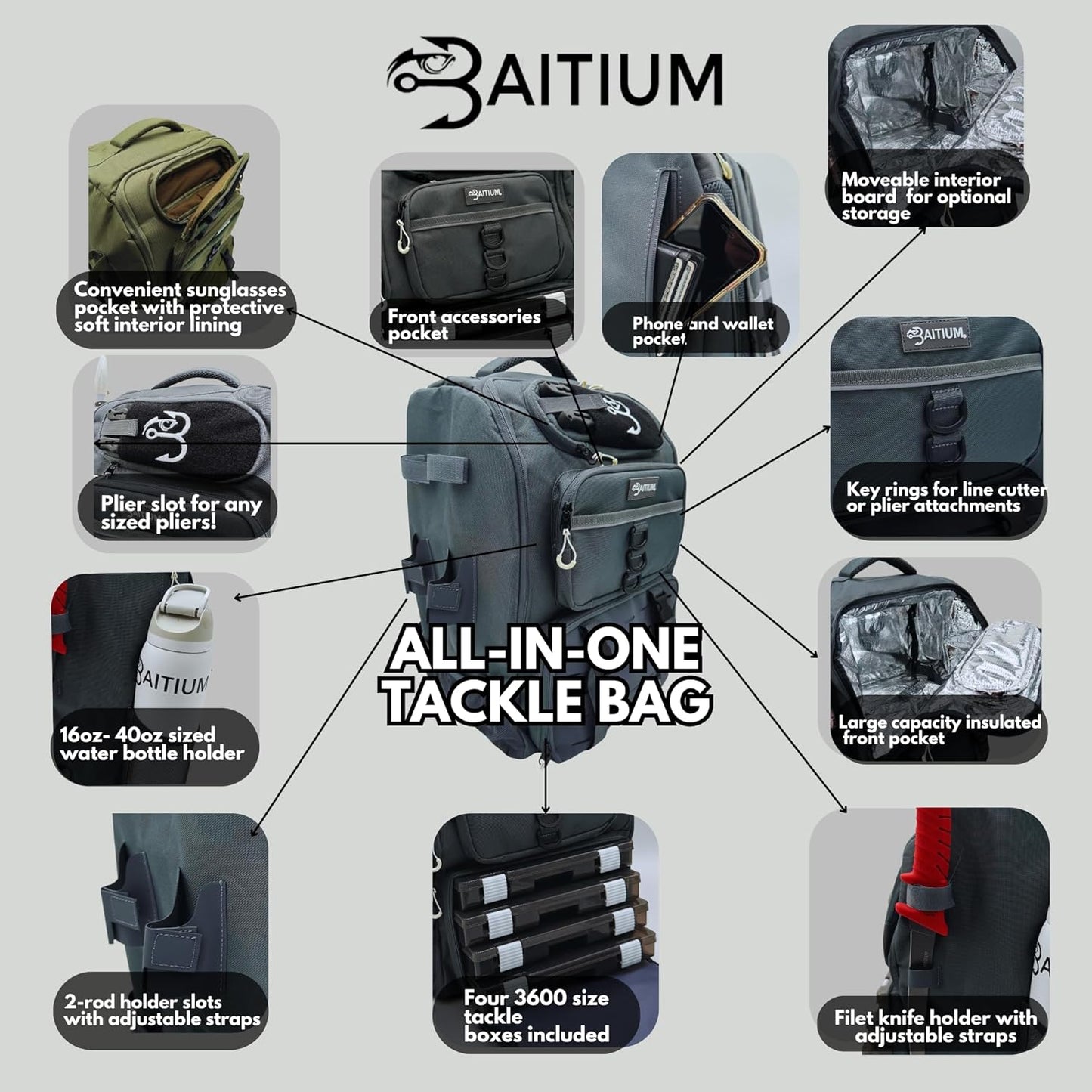 Baitium 40L Fishing Tackle Backpack with rod holders and tackle boxes