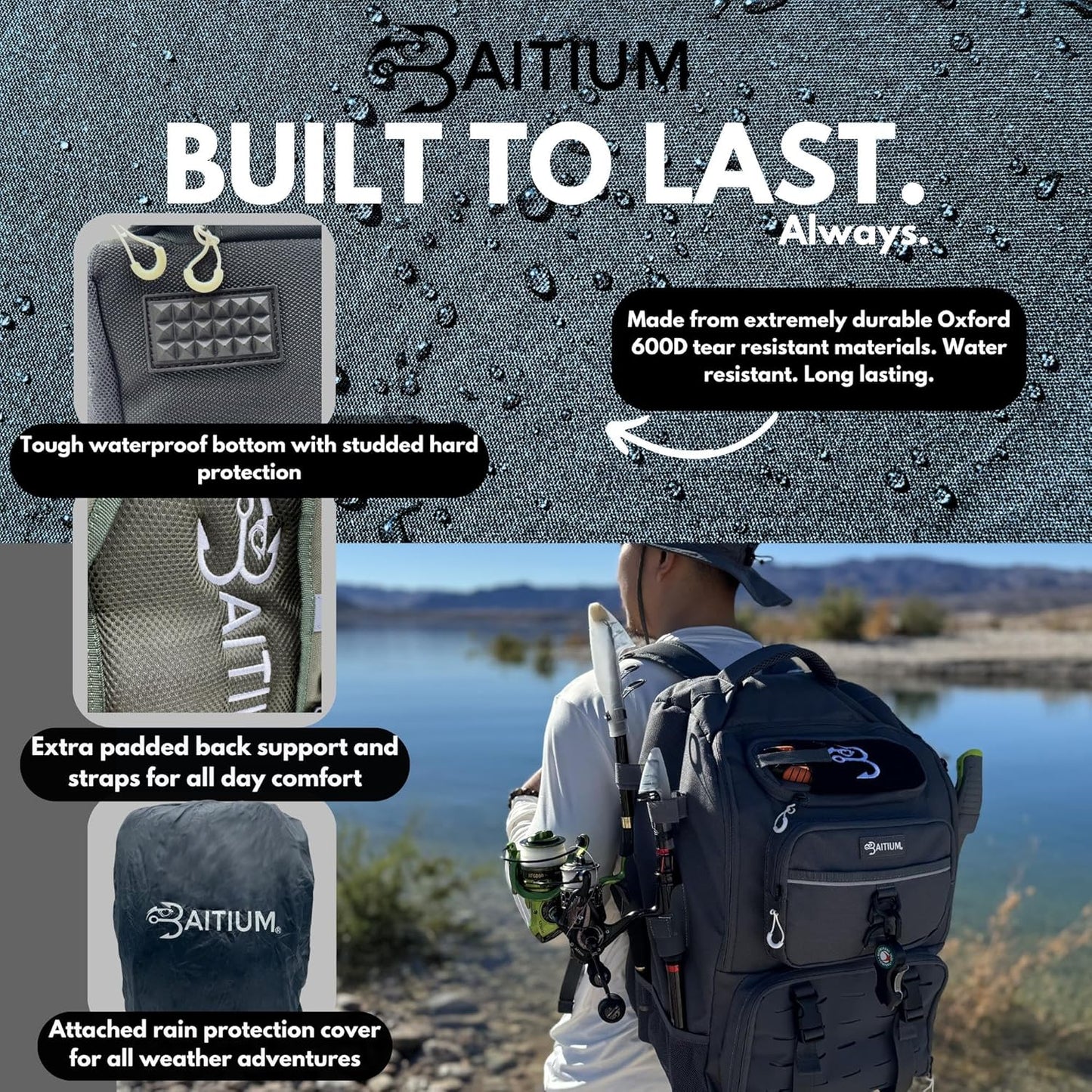 Baitium 40L Fishing Tackle Backpack with rod holders and tackle boxes