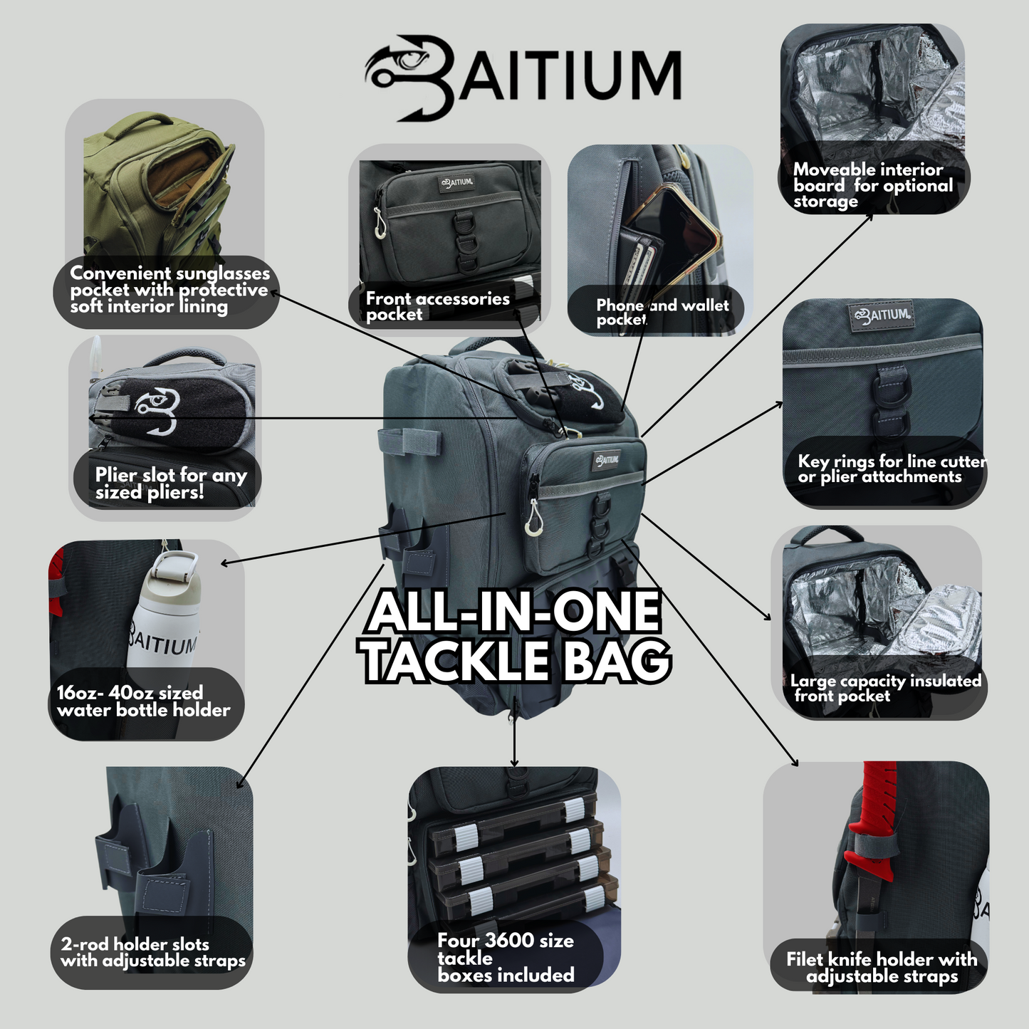 Baitium All-In-One Fishing Tackle Backpack - 4 Trays Included